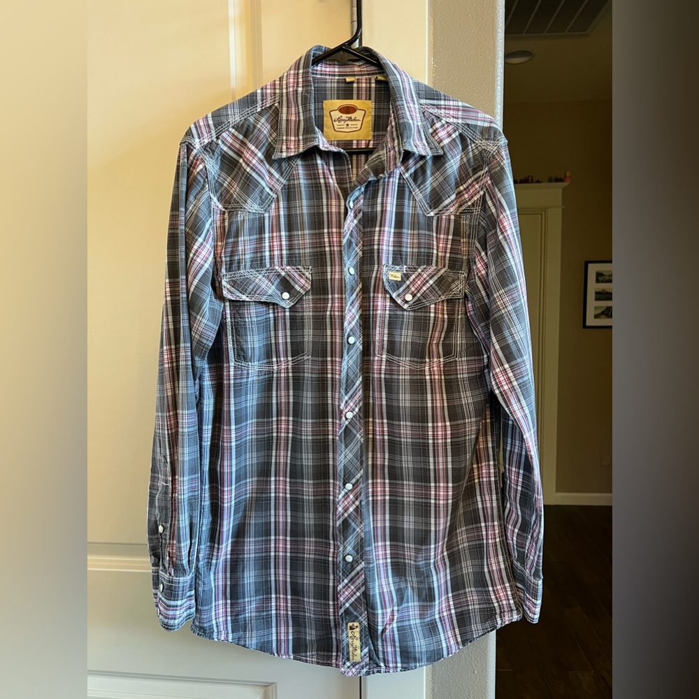 Men’s Larry Mahan Pearl Button-Down Western Gray Pink Long Cowboy Shirt-Size‎ M